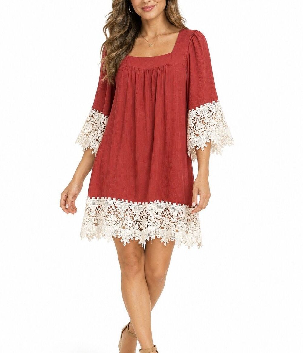 Umgee USA Red Crochet Lace Boho Dress Size XL Bell Sleeve Tunic